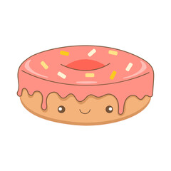 cartoon pink strawberry donut with cute face and transparent background