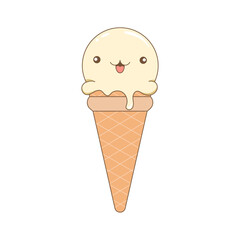 cartoon cute white vanilla ice cream with funny face with transparent background