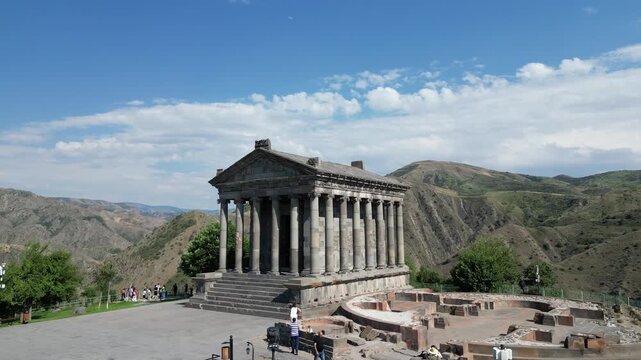 Aerial view Garni temple in Armenia. Garni Pagan Temple on rock in Armenia, Caucasus
