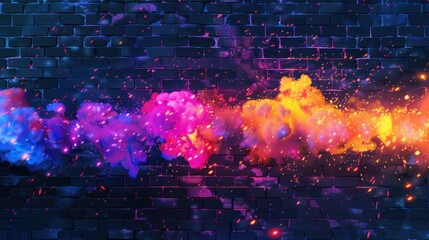 Abstract Brick Wall with Colorful Smoke and Sparks