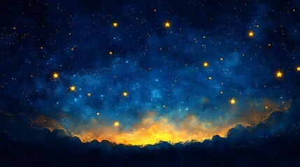 Twinkling Stars Across a Dramatic Indigo Night Sky with Bright Yellow Accents