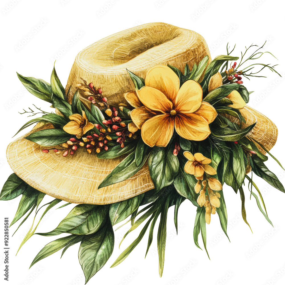 Wall mural png straw hat adorned with flowers and greenery