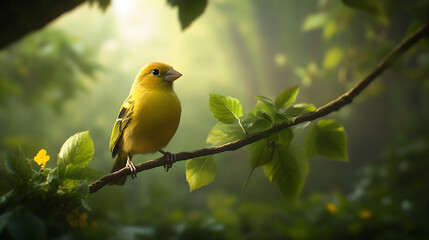 A majestic goldfinch perched in a forest glade sky tree
