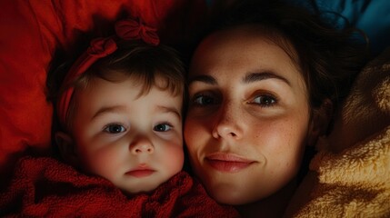 Mother And Child Watching Cartoons In Bed, Technology Bonding Family At Night