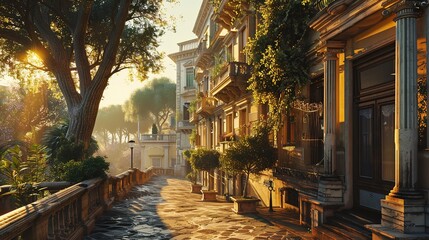 Fototapeta premium Colorful Buildings and street in city near river during summer