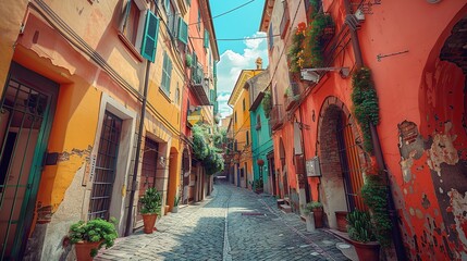 Fototapeta premium Colorful Buildings and street in city near river during summer