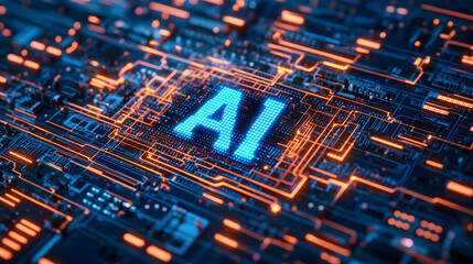 Obraz premium Futuristic technology computer circuit board neon electronic components abstract cyber design chips AI supercomputer semiconductor CPU GPU circuits interconnection connectivity computer processor unit