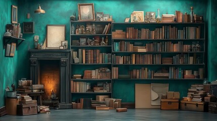 A cozy library with a fireplace bookshelves and vintage decor