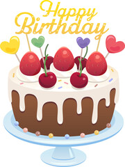 Vector illustration of a whole birthday cake with strawberries and cherries on top