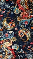 A beautiful fabric displays vibrant floral and paisley patterns in rich colors against a dark backdrop