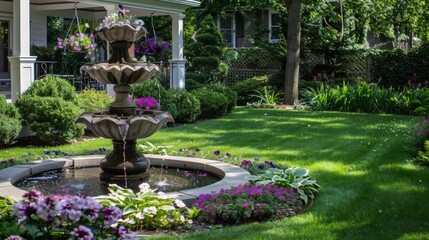 beautiful water fountain in a garden surrounded by flowers