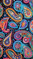 Colorful paisley patterns in various shades create a dynamic design on fabric presented for sale at a marketplace