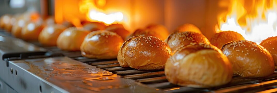 Breads being baked in a hot oven within an automated baking production process.