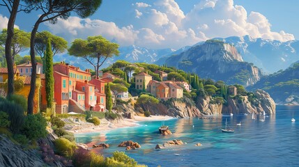 Fototapeta premium Mediterranean style village on the sea in summer, marine tourism in Europe, beautiful sky with sun clouds