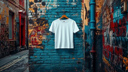 Fototapeta premium A white T-shirt hangs on a hanger against a backdrop of graffiti and a cityscape.