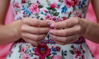 female hands with embroidery hoop over pink background with needlework accessories.