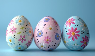 Fototapeta premium floral painted eggs in natural colors on pastel blue background happy easter concept.