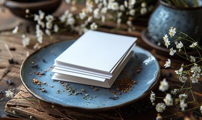 Fototapeta premium blank white paper cards on plate with dried flowers flat lay top view copy space.