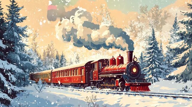 Animation of red polar express train blowing steam from pipe in snowy forest. Christmas train at North Pole. Video postcard of retro steam locomotive. Footage for Christmas, New Year, winter holidays.