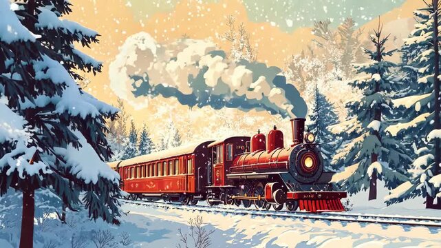 Animation of red polar express train passing through snowy forest. Christmas train goes to North Pole. Video postcard of retro steam locomotive. Footage for Christmas, New Year, winter holiday travel.