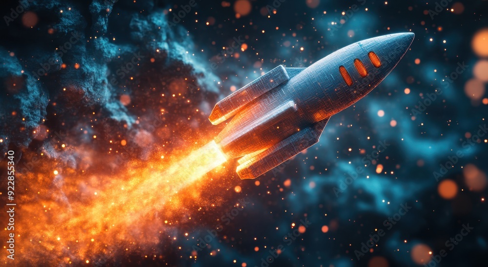 Poster a digital rocket soaring through the cosmos, leaving behind trails of colorful data particles and st