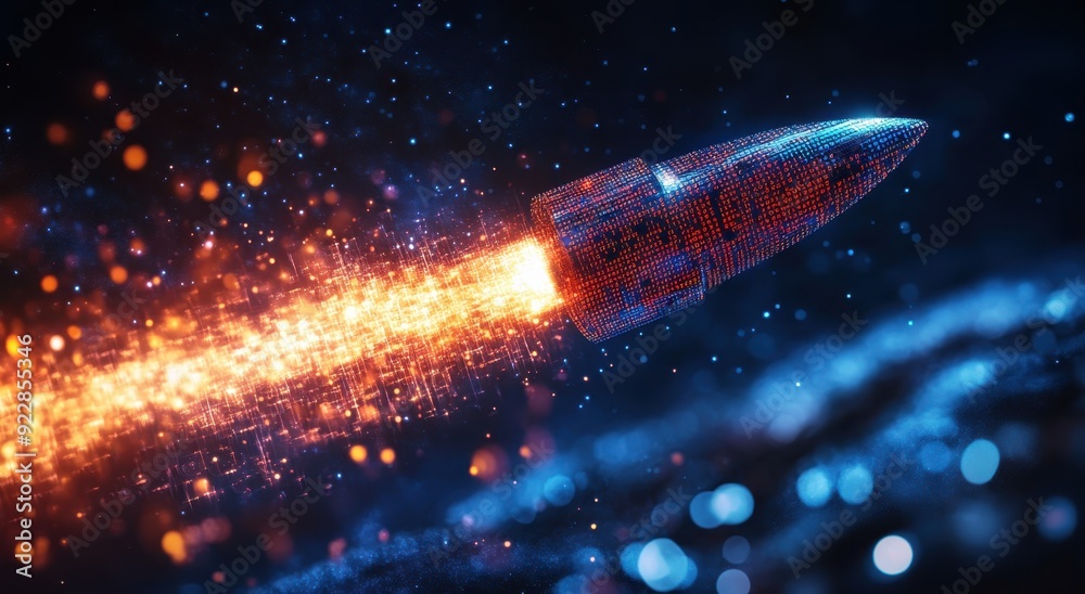 Aufkleber a rocket made of binary code flies into space, leaving behind colorful trails and sparkling stars. t