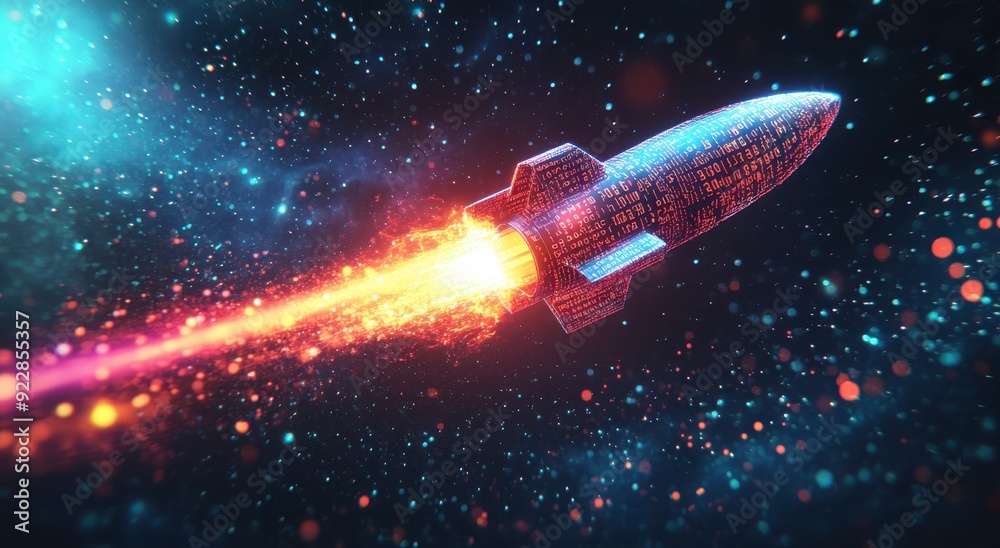Aufkleber a rocket made of digital data and binary code flying through space, leaving behind colorful trails o