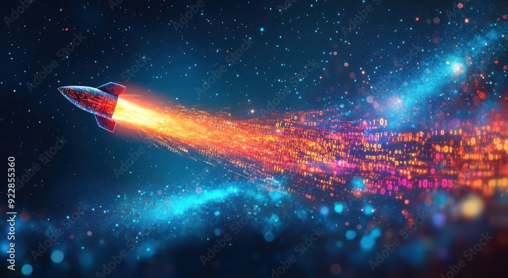 Poster a rocket made of digital data and binary code flying through space, leaving behind colorful trails o
