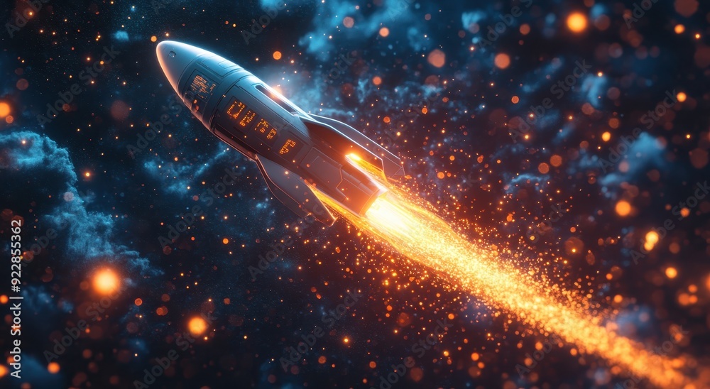 Poster a digital rocket soaring through the cosmos, leaving behind trails of colorful data particles and st