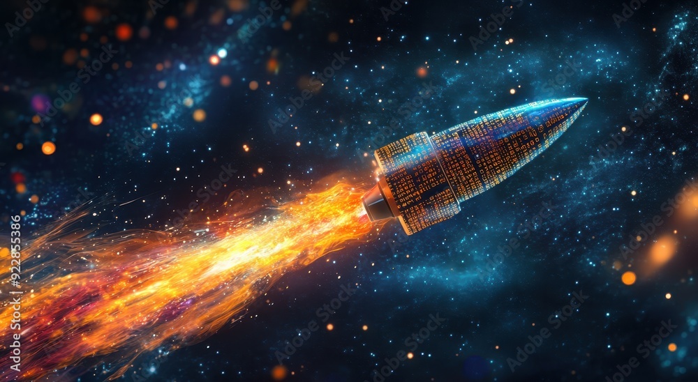 Aufkleber a rocket made of binary code flies into space, leaving behind colorful trails and sparkling stars. t
