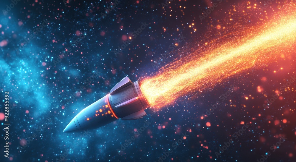 Aufkleber a rocket made of binary code flies into space, leaving behind colorful trails and sparkling stars. t