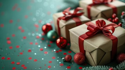 Obraz premium christmas banner template gift boxes with red ribbon bow red,green baubles stars confetti on light green background.