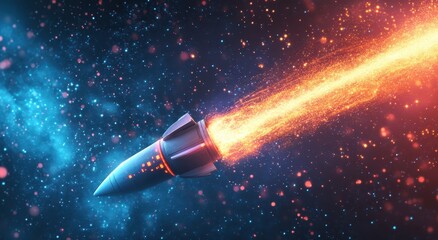 Fototapeta premium A rocket made of binary code flies into space, leaving behind colorful trails and sparkling stars. The background is dark blue with white light spots on it. 