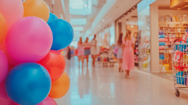 colorful balloon decorations in the shopping mall during the black friday season with offers and discounts