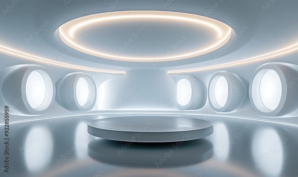 Poster futuristic 3d room with minimalist aesthetic, floating platform, and circular light rings in a gloss