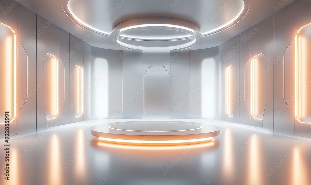 Poster futuristic 3d room with minimalist aesthetic, floating platform, and circular light rings in a gloss
