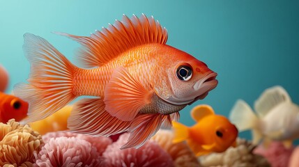 Fototapeta premium A vibrant orange fish with a spiky fin swims among coral