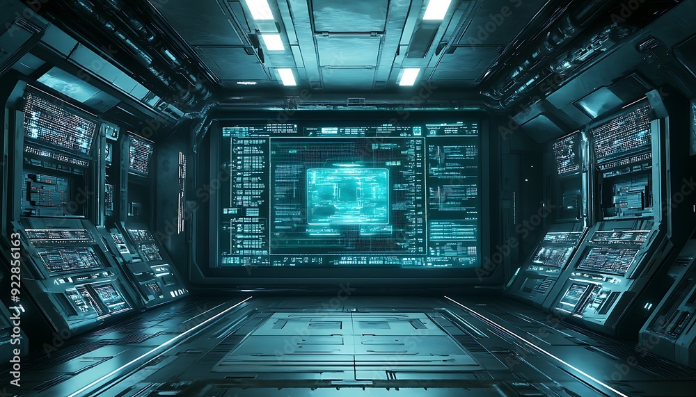 Poster 3D High-Tech Command Center with Interactive Holographic Display, Glowing Data Panels, and Cool Ambient Light