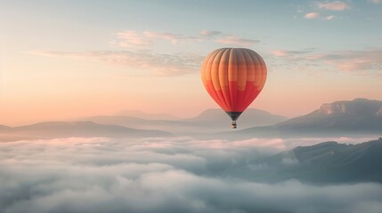 Obraz premium A colorful hot air balloon floats above a serene landscape at sunrise, surrounded by misty mountains.