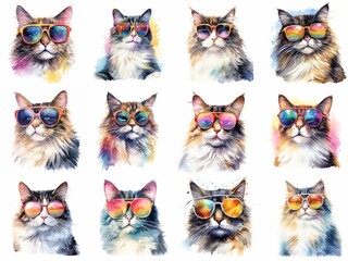 Trendy Cats in Colorful Sunglasses - Stylish Feline Illustration for Pet Lovers