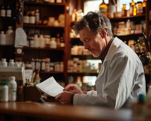 Obraz premium Pharmacy specialist: male pharmacist, demonstrating professionalism and skill in a modern pharmacy environment, with aon his attentive role in providing medication and health advice.