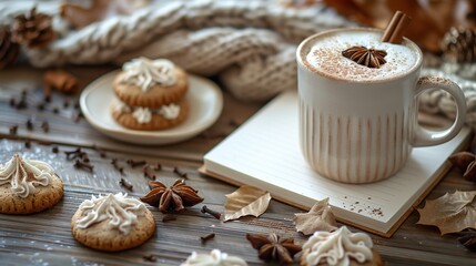 flatlay autumn composition women fashion white sweater paper notepad with empty page cinnamon cookies on wooden background flat lay top view overhead cozy home desk hygge autumn fall concept.