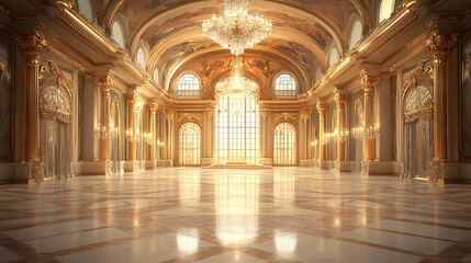 Luxurious 3D Ballroom with Marble Floor, Gold-Leaf Columns, and Crystal Chandeliers in Grand Setting