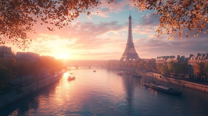 The iconic Eiffel Tower dominating the Paris skyline at sunset.
