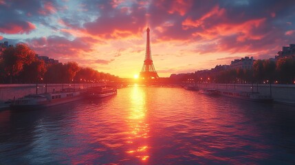 The iconic Eiffel Tower dominating the Paris skyline at sunset.