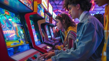 kids playing in a retro arcade