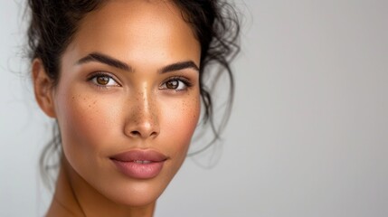 Fototapeta premium Portrait of a woman with freckles on face, expressing beauty and confidence for fashion and beauty concept