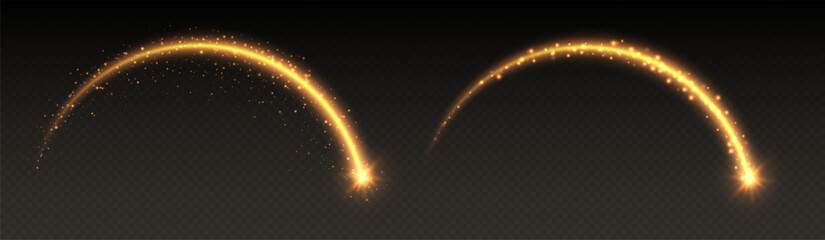 Shooting star light effect, magic arch with sparkles, glowing meteor with trail, shiny star in motion. Christmas vector illustration. © Likanaris