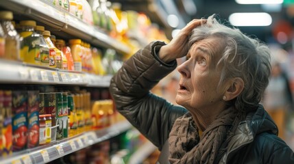 Elderly woman searching for food in supermarket aisle with empty shelves during global pandemic...