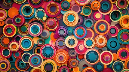 A wall filled with colorful circular patterns in various sizes and shades creates an engaging visual display